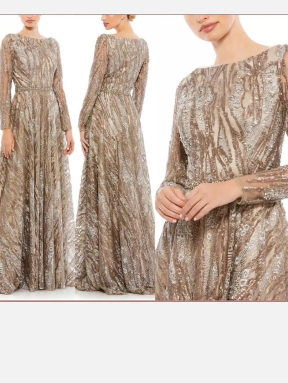 Mac Duggal Taupe Beaded Long Sleeve Evening Gown